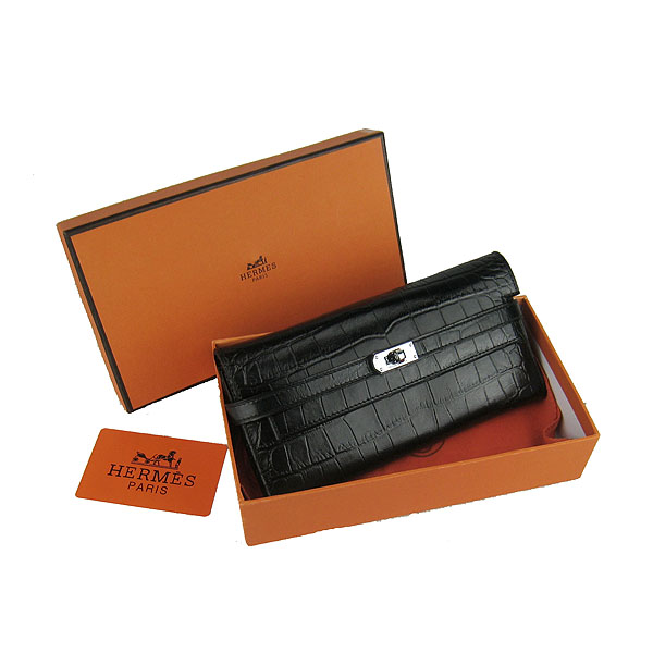 High Quality Hermes Kelly Crocodile Veins Long Clutch Bag Black H009 Replica - Click Image to Close